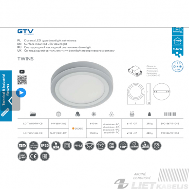 LED šviestuvas TWINS apvalus, pridedamas, 9W (6+3W),  3000K, 640LM, GTV 2