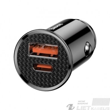 Automobilinis įkroviklis 12-24V USB ir USB-C greitas įkrovimas QC4.0 SCP, 30W, juodas