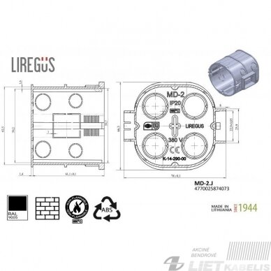 Dėžutė montažinė MD-2 (pagilinta) balta/juoda Liregus 2