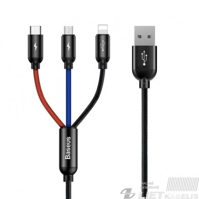 Kabelis USB2.0 A kištukas ir 3 kištukai (USB C, micro USB, lightning) juodas BASEUS