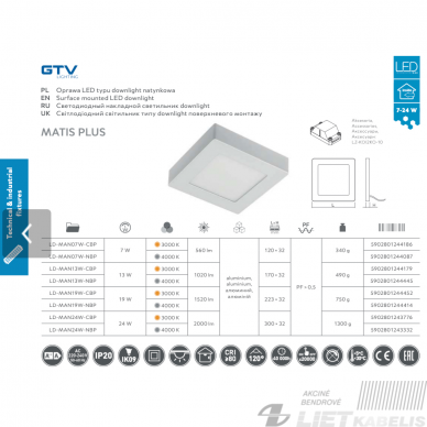 LED šviestuvas Matis plus pridedamas kvadratinis, 19W, 4000K, 1520LM, GTV 2