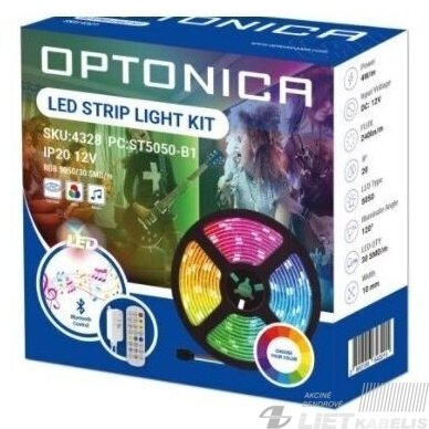 LED juosta 12W, 12V RGB adapteris +BT+valdiklis IP20, OPTONICA