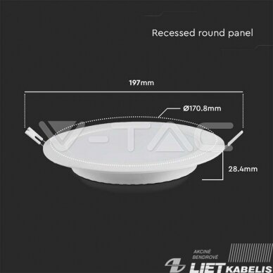 LED šviestuvas 12W, 3000K, 1200lm, įleidžiamas, V-TAC 2