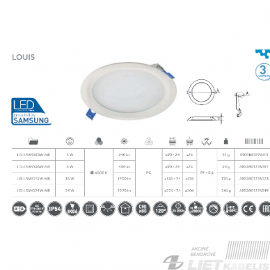 LED šviestuvas Louis įleidžiamas apvalus, 15W, 4000K, 1200Lm, IP54, GTV 2