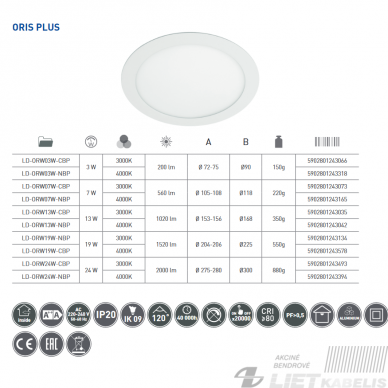 LED šviestuvas Oris Plus  3W, 4000K,  200lm, IP20,  įleidžiamas apvalus, GTV 2