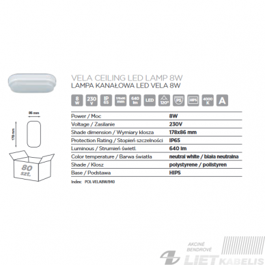 LED šviestuvas Vela 8W, 4000K, 640lm, IP65, POLAMP 2