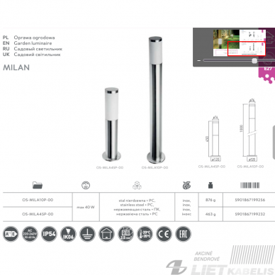 Lauko šviestuvas pastatomas MILAN 45, 1x20W, E27 IP54, GTV 2