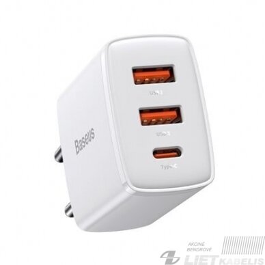 Sieninis įkrovikiklis 30W, 2xUSB+USB-C CQC3, greitas  įkrovimas, Baseus 2