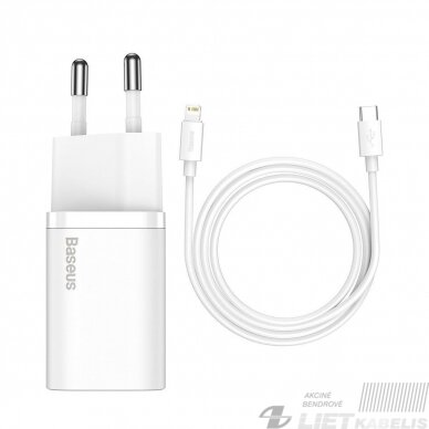 Sieninis įkrovikis Super Si 20W USB-C QC3.0, 1m laidas, baltas, Baseus