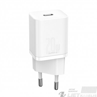 Sieninis įkrovikis Super Si 20W USB-C QC3.0, 1m laidas, baltas, Baseus 2