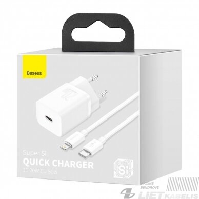 Sieninis įkrovikis Super Si 20W USB-C QC3.0, 1m laidas, baltas, Baseus 3