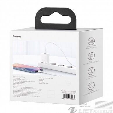 Sieninis įkrovikis Super Si 20W USB-C QC3.0, 1m laidas, baltas, Baseus 4