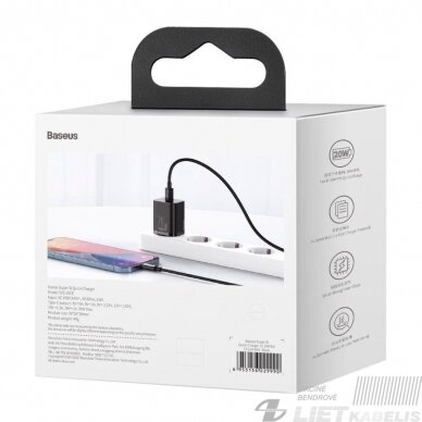 Sieninis įkroviklis Super Si 20W USB-C QC3.0 PD juodas, Baseus 3