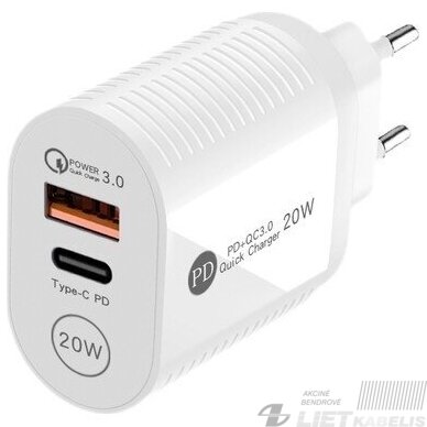 Sieninis įkroviklis USB+USB-C, 5V, 3A, greitas įkrovimas, PD