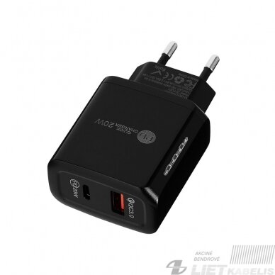 Sieninis įkroviklis USB+USB-C, 5V, 3A, greitas įkrovimas, PD